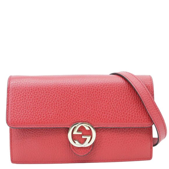 Gucci  Dollar Interlocking G Calfskin Leather Chain Wallet Crossbody Bag Red - Picture 1 of 13
